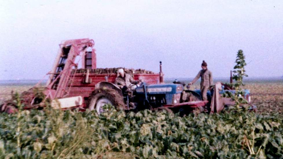 1967: Loonbedrijf Onno Bakker rooit bieten met een Vicon 2-rijer, getrokken door een Ford 4000. Henk Rijpma rijdt op de Ford Dexta met een zelflossende wagen van Schuitemaker met bietenopvoerband.