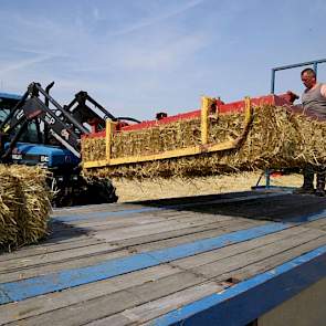 Peter pakt de balen met de knijper en Henri legt ze goed op de wagen.