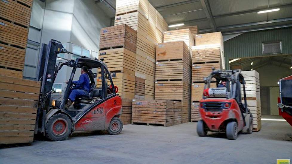 Druk verkeer in de nieuwe loods. Naast de sortering en verwerking van pootaardappelen is er ruim  plek voor bewaring. Maatschap Maters kan nu 5.000 ton aardappelen (ongeveer 3.800 kisten) in bewaring nemen.