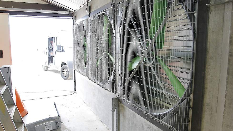 Achter in de zijgevel zitten de drie lengteventilatoren. „De lengteventilatoren zitten in de zijgevel omdat ze de lucht niet over de mest in de mestloods mogen blazen in verband met het mesthygiënisatieproces”, legt Atzema uit.