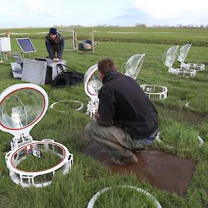 Op deze locatie in Oldeboarn (FR) installeren onderzoekers Ralf Aben van de Radboud universiteit en onderzoeker Reinder Nouta van het waterschap Frieslands de benodigde apparatuur voor het onderzoek.