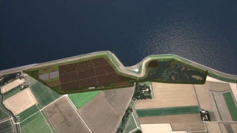 Impressie van het gebied. In het linker deel achter de dijk is ruimte voor zilte teelten; daarnaast kunnen schaal- en schelpdieren worden gekweekt. Rechts achter de dijk wordt slib opgevangen.