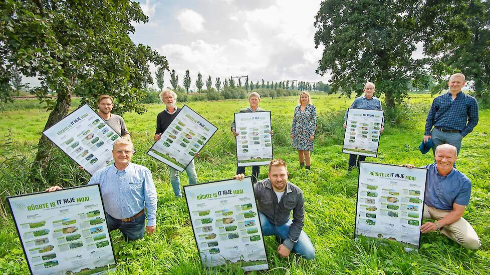 Bovenaan van l. naar r.: Hans Kroodsma - Waadrâne, Wiggle Sinnema - Súdwestkust, Foppe Hemminga – It lege midden, Carla Boonstra – Living Lab Fryslân natuurinclusieve landbouw, Johan Hagen - Waddenvogels, Sybe van der Schaar (secretaris KBF). Onderaan van