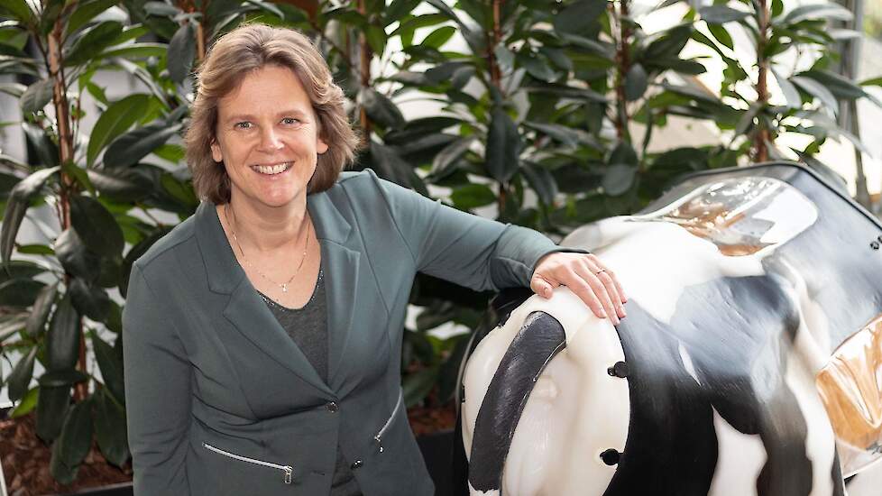 Docent Titia Fokkema-Van der Ploeg naast kunstkoe Henryetta.