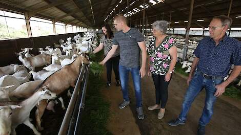 Jacquelien Stapelbroek (links) zit samen met haar ouders en haar man Patrick Tiemens in de maatschap. Al drie seizoenen voeren ze vers gras aan de melkgeiten op hun bedrijf. Dit blijkt voor de familie goed uit te pakken.
