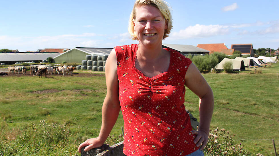 Een deel van de melkkoeien van Neeke van Zwol is al terug om te worden gemolken. Vanaf de oude binnendijk heeft Van Zwol uitzicht op de andere koeien, richting het wad.