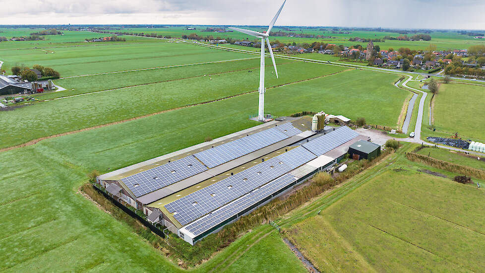 Het bedrijf van pluimveehouder Douwe de Jong in Parrega met een windmolen en 996 zonnepanelen. „Ons bedrijf heeft maar een beetje nodig van de totale hoeveelheid energie die we opwekken.”