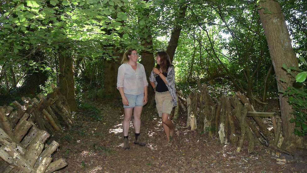 Odette en Yentle bij de shiitakenstammen in het bos