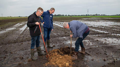 V.l.n.r. lid initiatiefgroep Groote Veenpolder Nico van der Weerd, Dirk Johan Feenstra (thematrekker profielkeren Veenweide van het Innovatieprogramma NL) en bodemexpert veenweide Klaas Kooistra