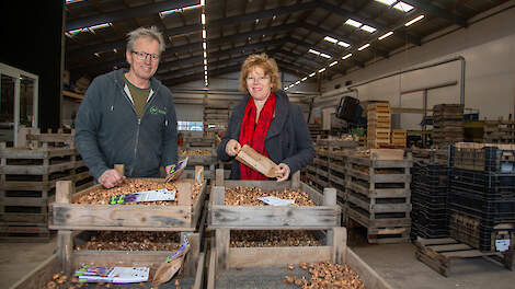 John en Johanna Huiberts telen veel verschillende soorten bollen die in kleinverpakkingen op diverse webshops worden verkocht.