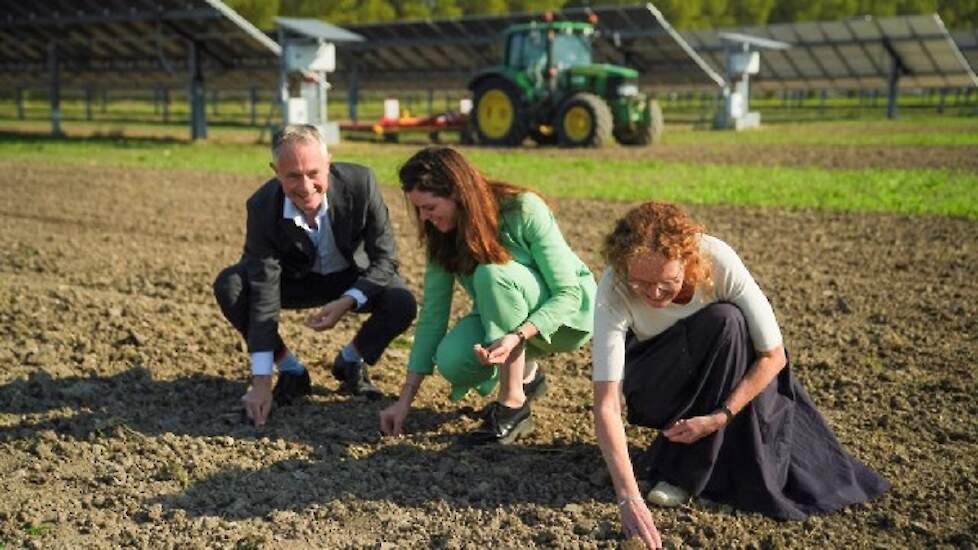 Olof van der Gaag (voorzitter NVDE), Annemarie Schouten (hoofd solar-ontwikkeling Vattenfall) en Rosemarie Slobbe (directeur Hemus) zaaien het eerste gewas tijdens de opening van het park.