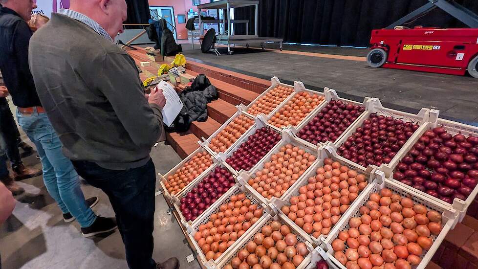 Beoordeling van de uien door het publiek tijdens de pauze van de Themadag Uien.
