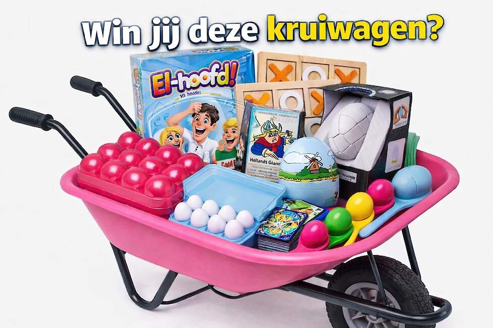 Delers van de actie maken kans op deze goed gevulde roze kruiwagen van de mmmEggies